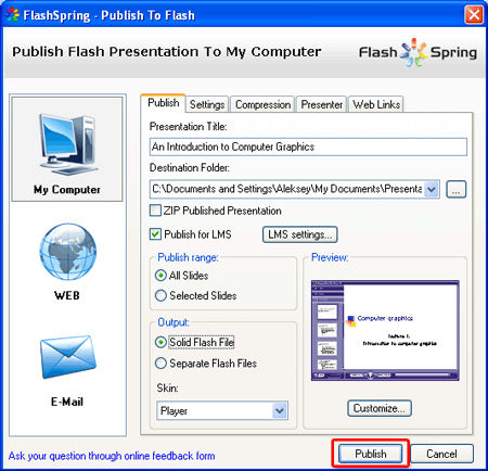 FlashSpring Ultra publish window.
