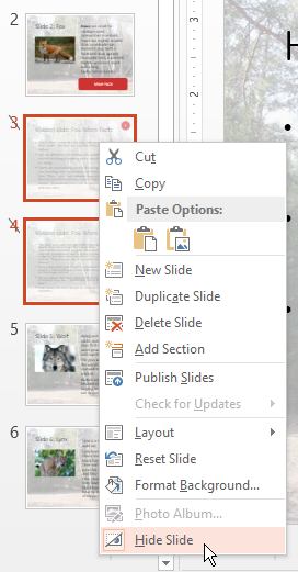Right-click menu when selecting slides in a PowerPoint thumbnail's sidebar. Select Hide Slide.