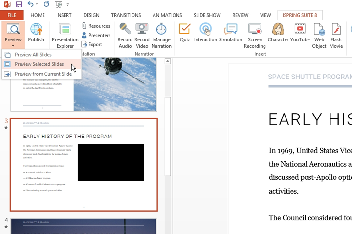 The Preview option on the iSpring ribbon