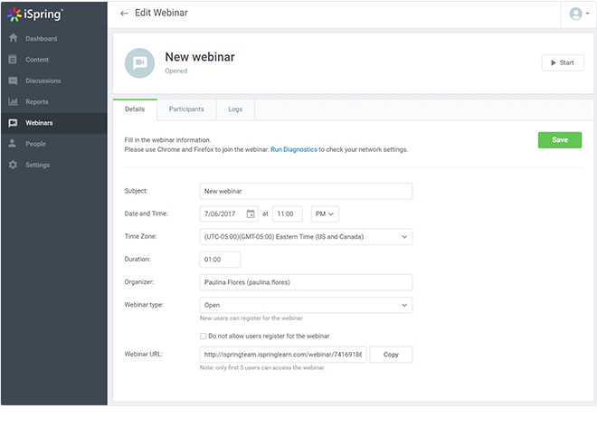 Set up the webinar