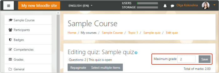 Editing a sample quiz in Moodle
