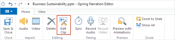 The Edit Clip button on the Video Editor’s toolbar