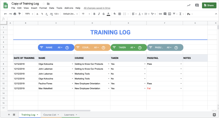 Training log template in Google Spreadsheets