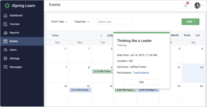 Events calendar in iSpring Learn LMS 