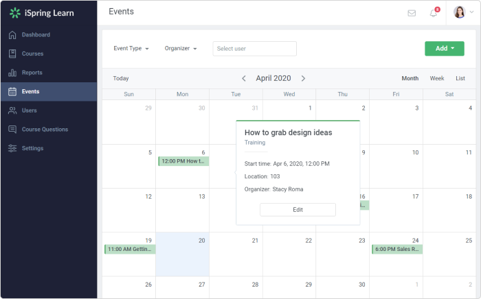An events calendar in iSpring Learn LMS