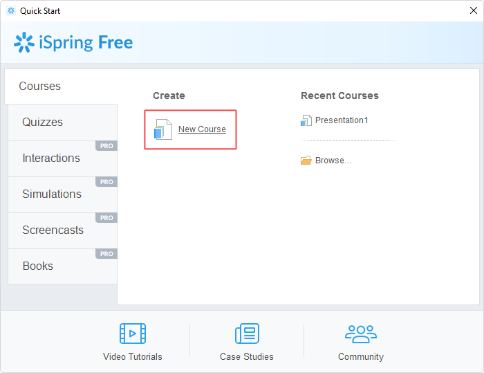 Creating a new course in iSpring Free