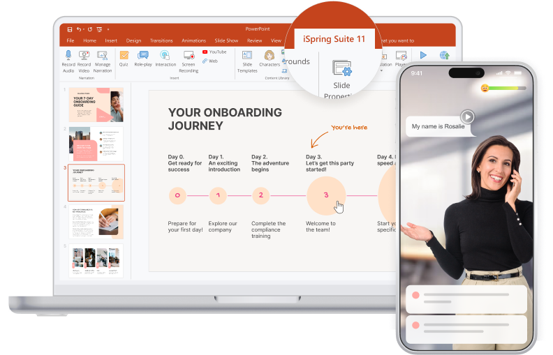 iSpring Suite toolbar The iSpring Suite toolbar inside PowerPoint, highlighting options for creating an onboarding journey