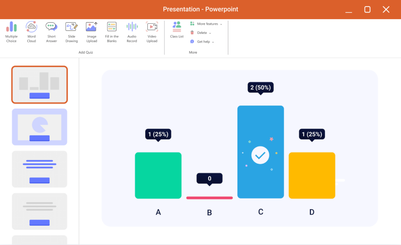 ClassPoint A PowerPoint slide with an embedded ClassPoint multiple-choice poll that displays real-time student answers as a growing bar chart