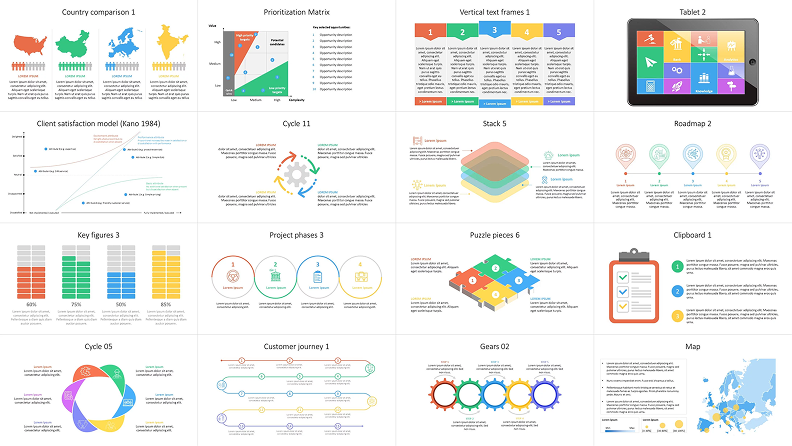Power-User add-in panel The Power-User add-in panel open inside PowerPoint, showing templates, icons, charts, and formatting tools available for building and styling slides