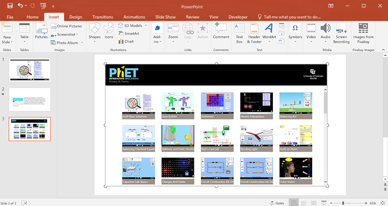 PhET toolbar The PhET toolbar in PowerPoint showing a library of interactive STEM simulations that can be embedded into slides for hands-on learning