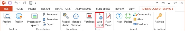The Web Object button on the iSpring Converter Pro ribbon