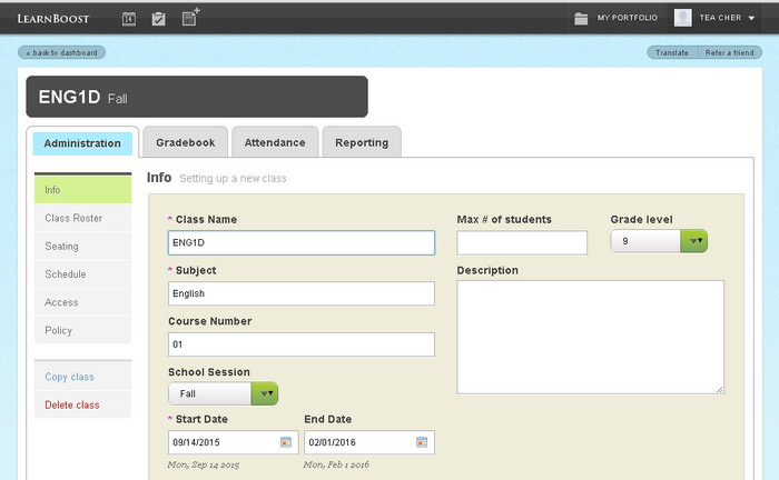 Screenshot of LearnBoost interface