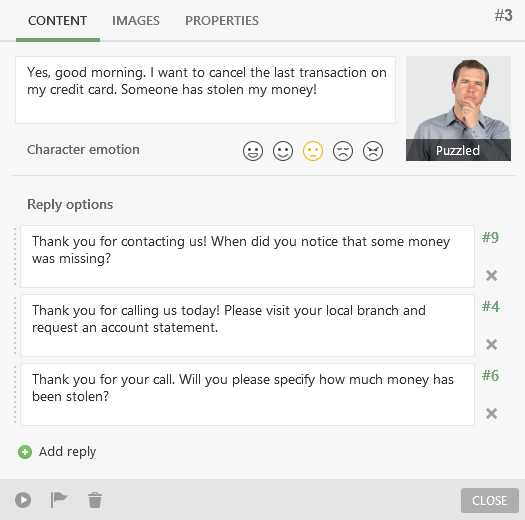 Complete scene with character’s text and reply options in iSpring TalkMaster Complete scene with character’s text and reply options in iSpring TalkMaster