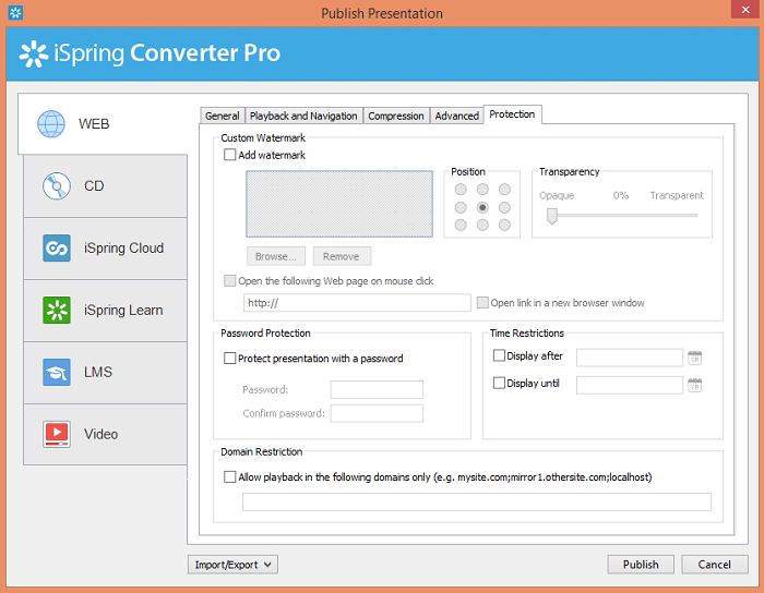 Protection options for iSpring Converter Pro 8