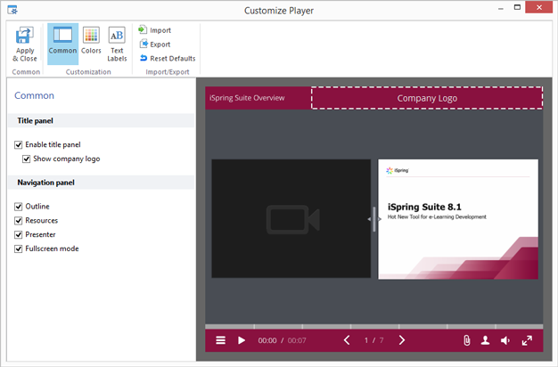 Customize Video Lecture player The Customize player window.
