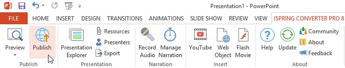 The Publish button on the iSpring Converter Pro ribbon The Publish button on the iSpring Converter Pro ribbon