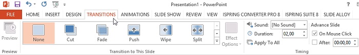 The transition effects on the PowerPoint ribbon The transition effects on the PowerPoint ribbon