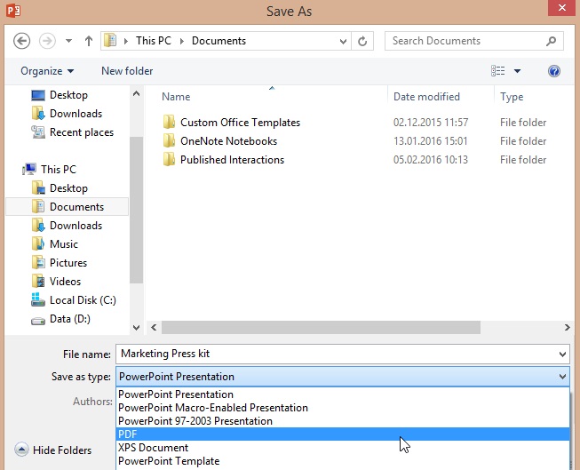 Save As window in PowerPoint Save As window in PowerPoint