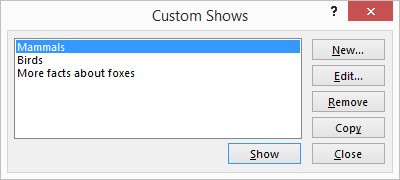 The Custom Shows window in PowerPoint. Three shows are currently added.