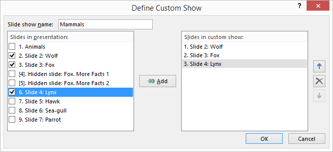 The Define Custom Show window in PowerPoint. Moving Slides in presentation to slides in custom show.