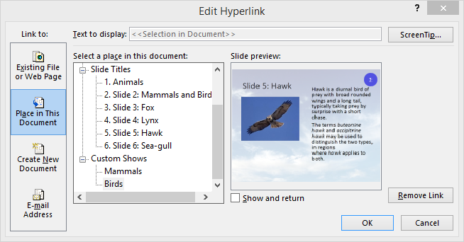 The Edit Hyperlink window in PowerPoint. Set Place in This Document > Custom Show play on this link.