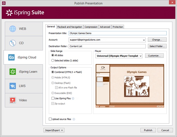 Publish Presentation window in iSpring Suite Publish Presentation window in iSpring Suite