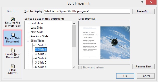 Place in This Document in the Edit Hyperlink window