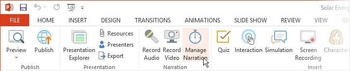 The Manage Narration button on the iSpring Suite 8 toolbar