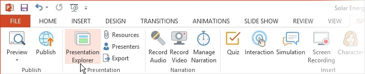 The Presentation Explorer button on the iSpring Suite 8 ribbon