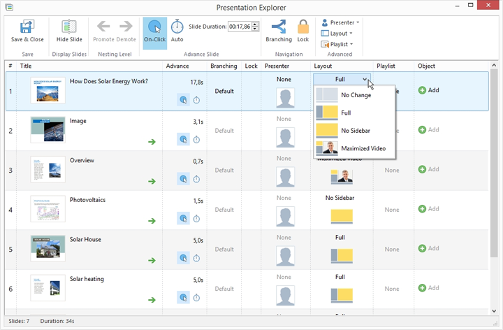 Changing slide layouts with the Presentation Explorer