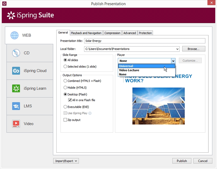 Choosing a player for the presentation in iSpring Suite 8