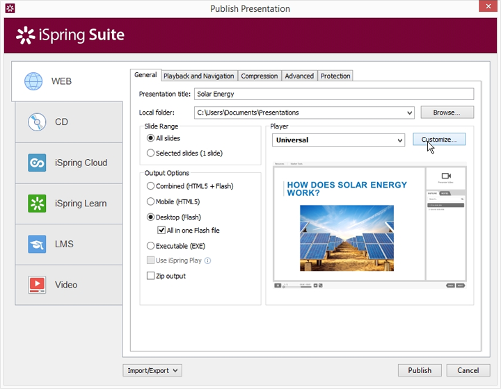 The Customize button in the Publish Presentation window