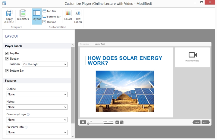 Customizing the player's layout for the presentation
