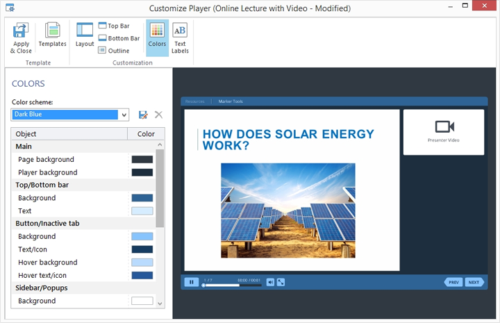 Customizing the colors of the presentation player