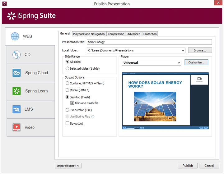 Publishing the presentation with iSpring Suite