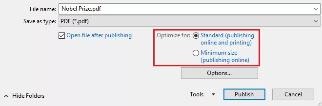 Choosing a PDF size in PowerPoint