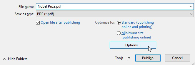Selecting options for a PDF file in PowerPoint