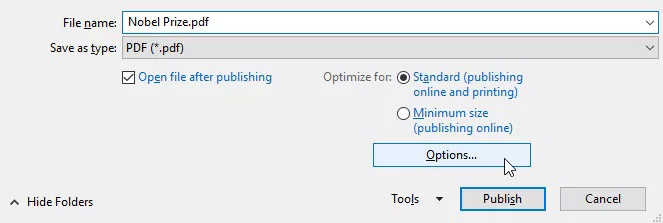 Selecting options for a PDF file in PowerPoint