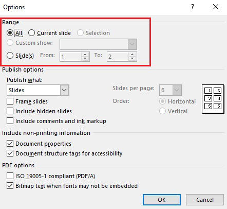 The Options window for a PDF file in PowerPoint