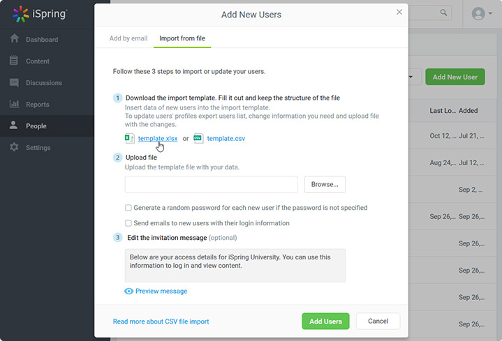 Importing users in iSpring Learn LMS with an XLSX file Importing users into iSpring Learn LMS with an XLSX file