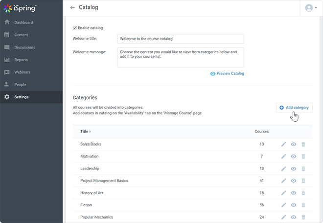 Catalog settings in iSpring Learn