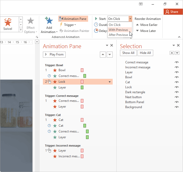 Setting with previous option for a trigger