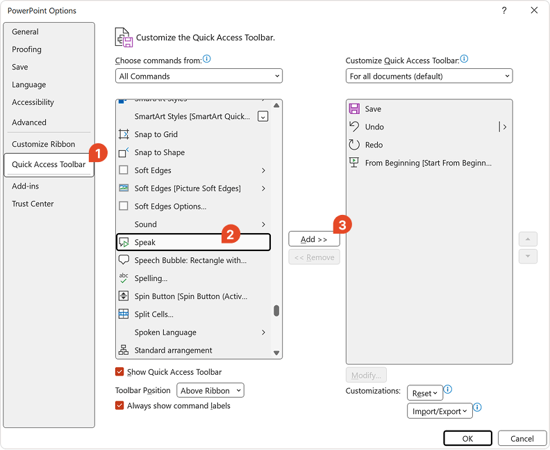 Adding Speak to the Ribbon with Quick Access Toolbar