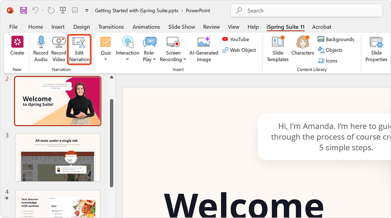 Clicking on Edit Narration on the iSpring Suite AI toolbar