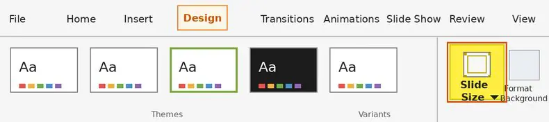 PowerPoint 2016/2019/2021/Microsoft 365 for Windows: the Slide Size button is on the Design tab, in the Customize group at the far right of the ribbon.