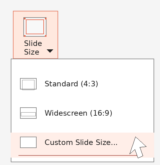 Windows slide-size menu: choose Standard (4:3), Widescreen (16:9), or Custom Slide Size to open the detailed size dialog.