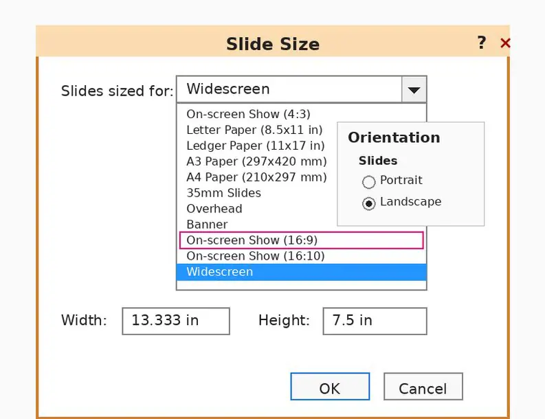 Windows Custom Slide Size dialog: use Slides sized for presets, enter exact Width and Height, and select Portrait or Landscape orientation for the entire deck.