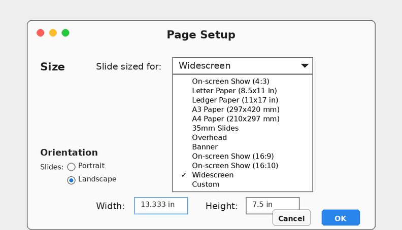 PowerPoint for Mac Page Setup dialog: select a preset, type custom Width and Height values, and select the slide orientation.