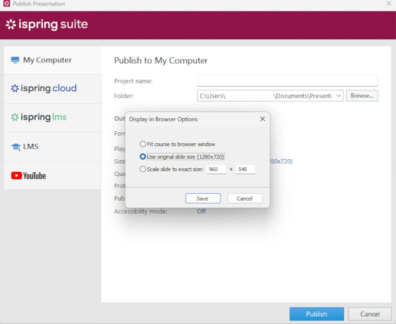 iSpring Suite display options