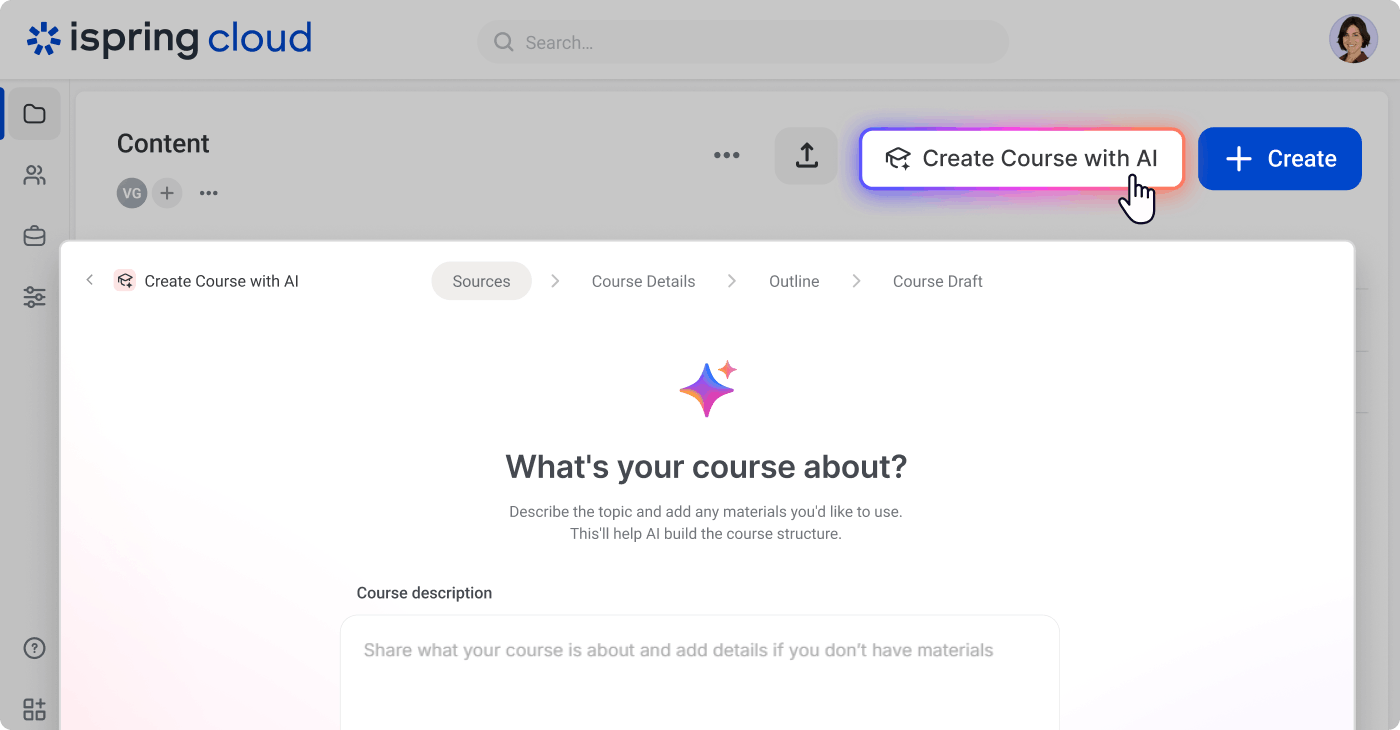 AI-powered course creation in iSpring Cloud AI